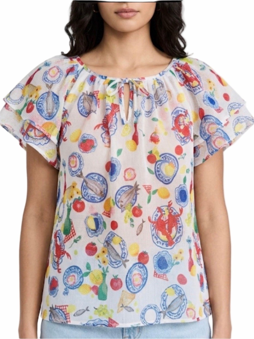 Corey Lynn Calter Festive Feast Blouse Size L Lobster Lemon Flutter Sleeve EUC